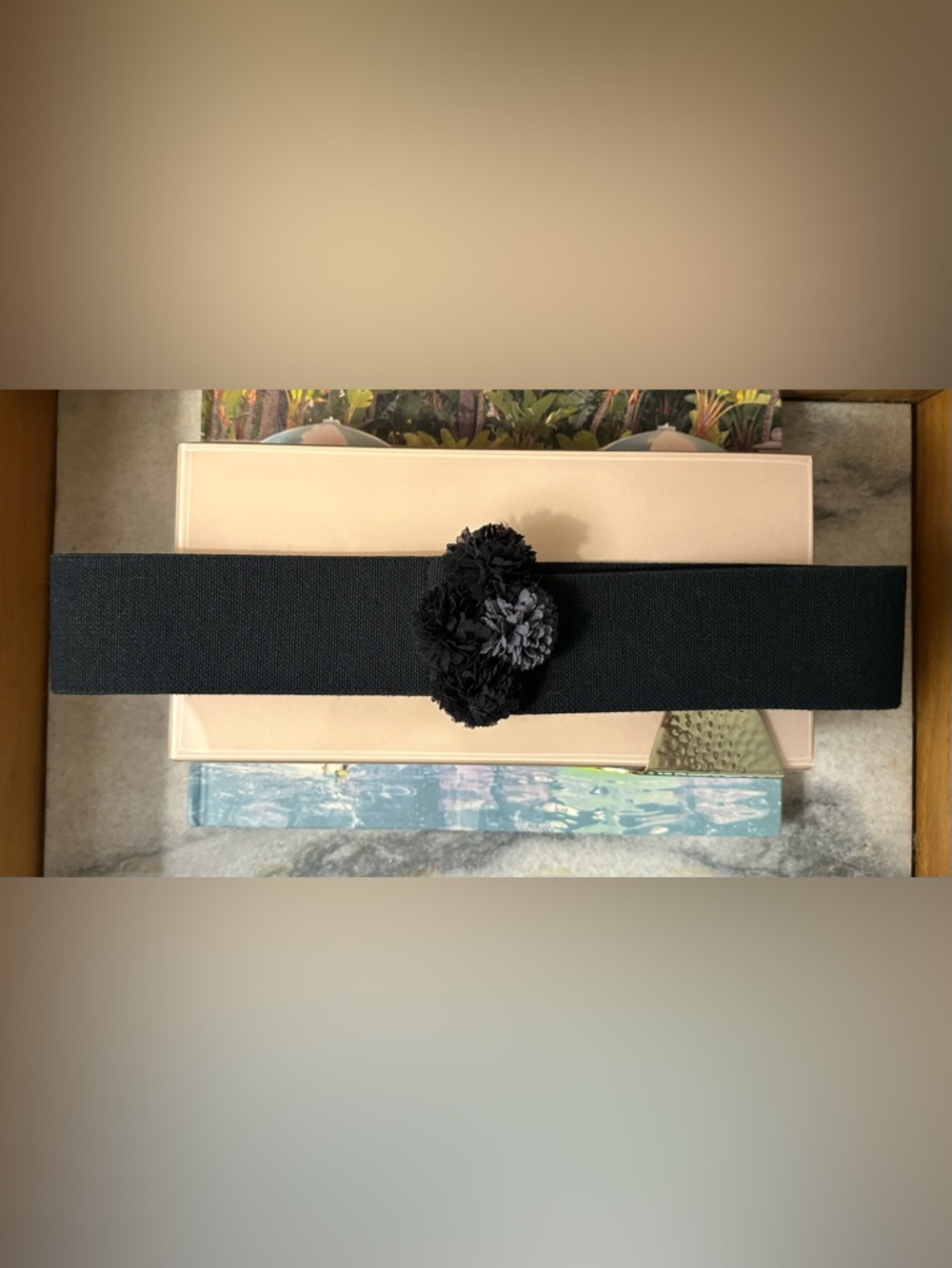 Banana Republic Black Elastic Waist Belt with 3D Floral Accents L or XL
